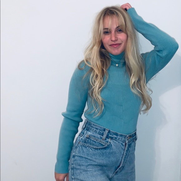 turquoise ribbed mock neck - Picture 2 of 5